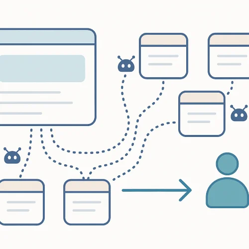 What is AI Labyrinth in simple words? 2 Wordless flow diagram showing hidden nofollow links guiding bots into decoy pages while humans go directly to the real page.
