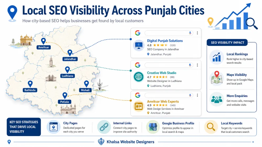 Illustration showing local website and search visibility across cities in Punjab