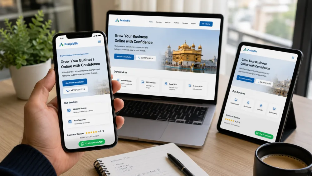 Mobile-first website design shown across smartphone, tablet and desktop screens