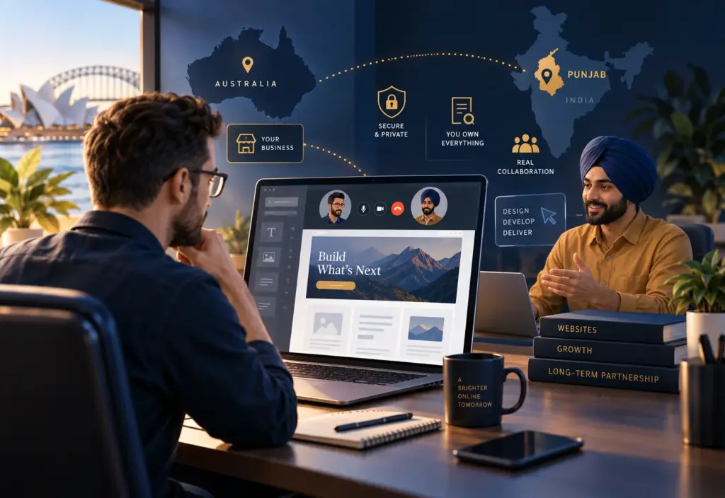 Australian business owner collaborating remotely with a Punjab web designer through a laptop, with website design, security, ownership and collaboration visuals.