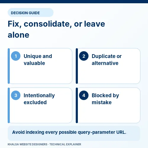 Crawled – Currently Not Indexed: Meaning and Diagnosis 2 Decision diagram distinguishing valuable unique URLs, duplicates, intentional exclusions and accidental blocks.