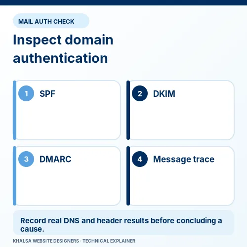 Contact Form 7 Says Sent, but No Email Arrives: What to Check 2 Diagram of SPF, DKIM, DMARC and email message trace checks.