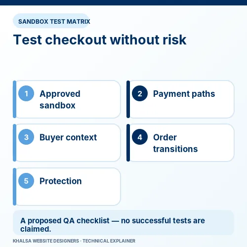 WooCommerce Checkout and Payment Gateway Error Fixing 2 WooCommerce checkout testing checklist covering sandbox payments, buyer context and order transitions.
