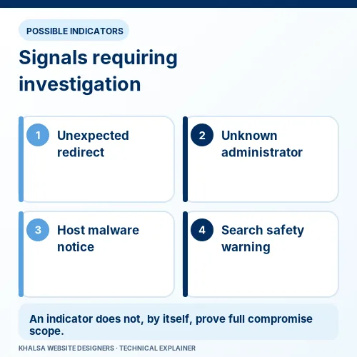 WordPress Malware Removal and Hacked Website Recovery 1 Illustrated WordPress compromise indicators: redirects, unknown administrators, malware notices and browser safety warnings.