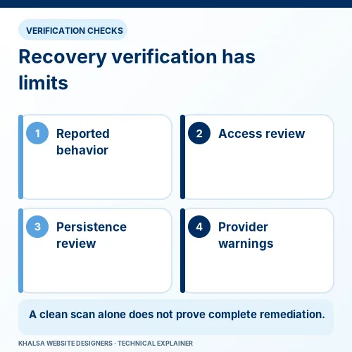 WordPress Malware Removal and Hacked Website Recovery 3 WordPress security recovery checks covering reported behaviour, account access, persistence and provider warnings.