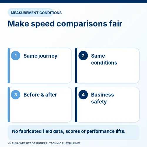 WordPress Speed and Core Web Vitals Optimisation 2 Diagram showing comparable performance testing conditions, journeys, before-and-after checks and business safety.